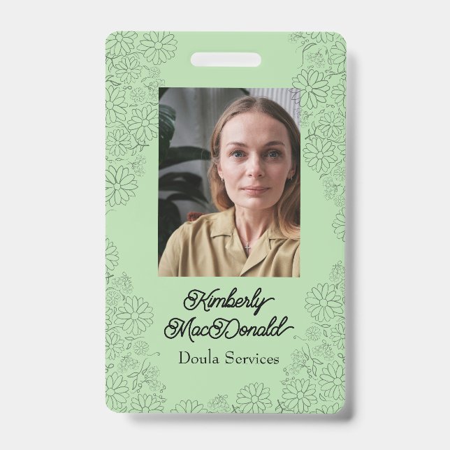 Sage green script doula services ID badge (Front)