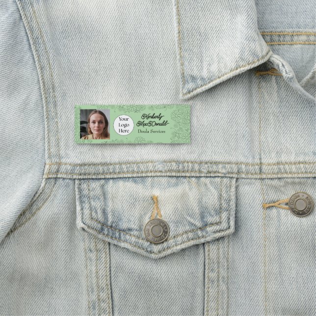Sage green script doula services name tag (In Situ)