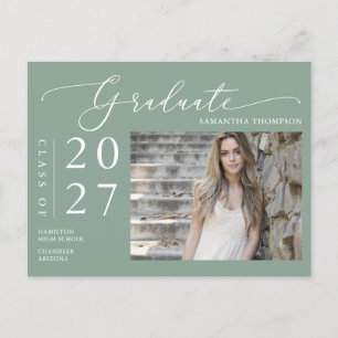 Sage Green Script Graduate Announcement Photo Postcard