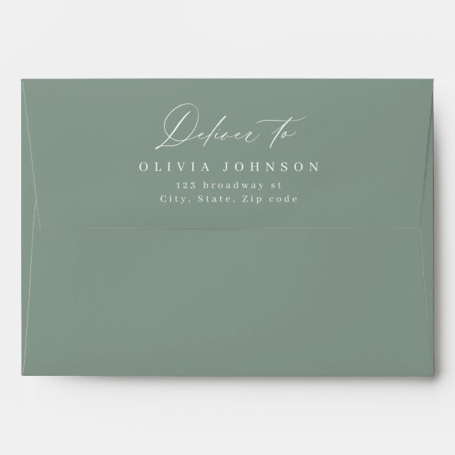 Sage Green script minimal wedding return address Envelope (Back (Top Flap))