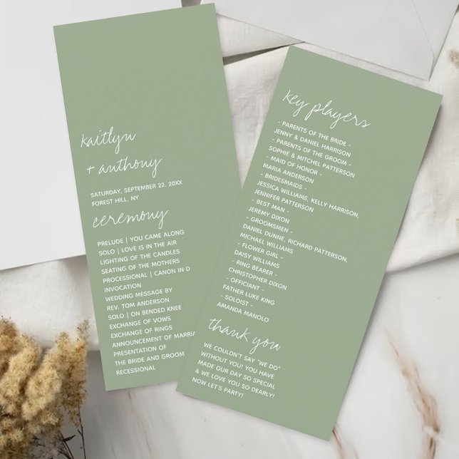 Sage Green Script Minimalistic Wedding Program Rack Card (Creator Uploaded)