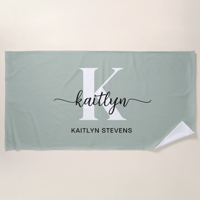 Sage Green Script Monogram Beach Towel (Front)
