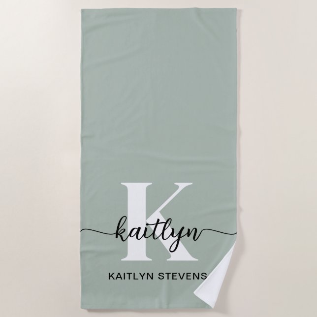 Sage Green Script Monogram Beach Towel (Front)