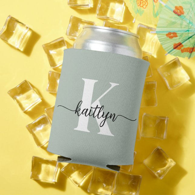 Sage Green Script Monogram Can Cooler (In Situ Summer)