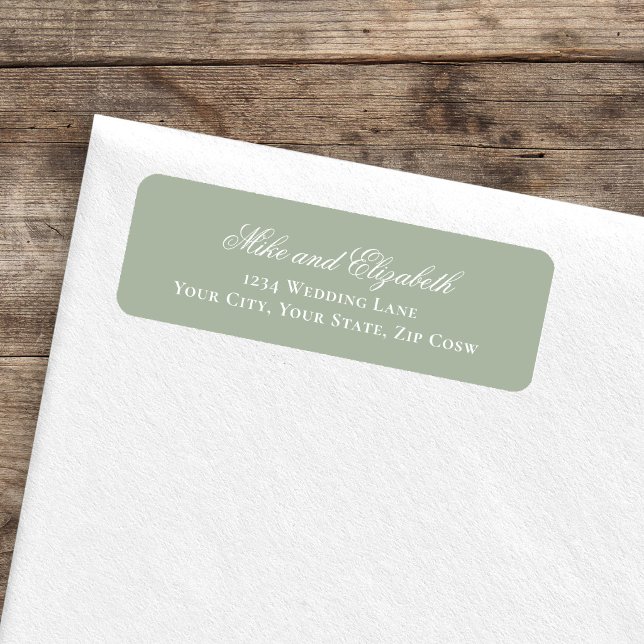 Sage Green Script Names Wedding Address Return Address Label (Sage green script names return address label on envelope, minimalist wedding style)