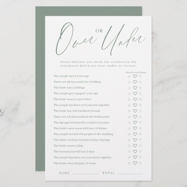 Sage green script Over or Under bridal shower game (Front/Back)