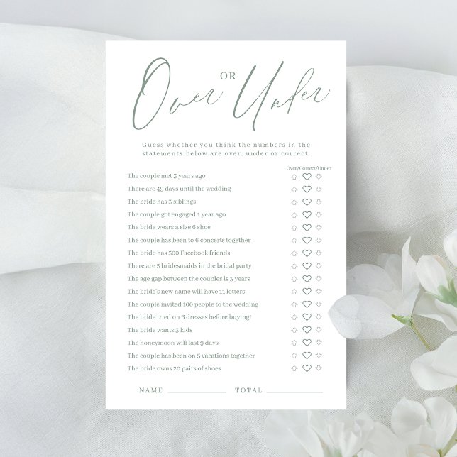 Sage green script Over or Under bridal shower game (Sage green script Over or Under bridal shower game)