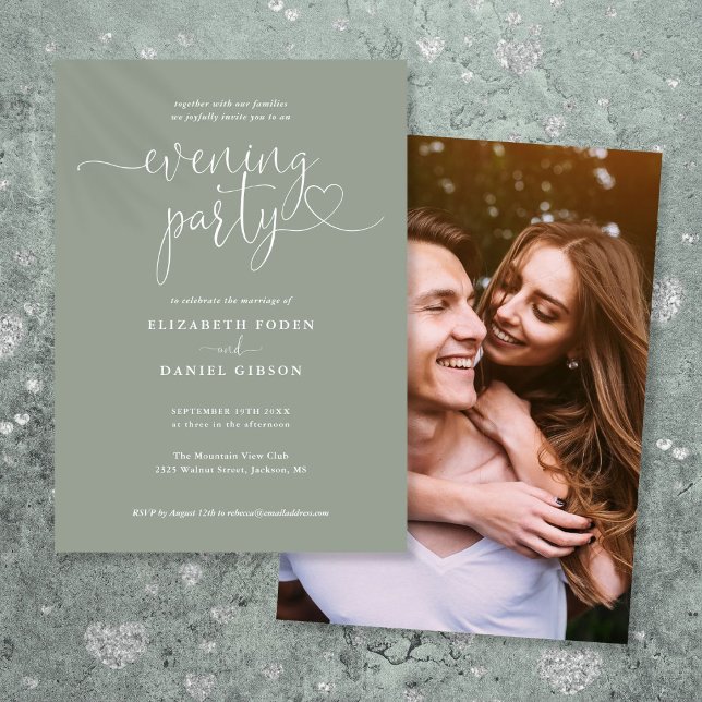 Sage Green Script Photo Wedding Evening Party Invitation (Sage Green Script Photo Wedding Evening Party Invitation)