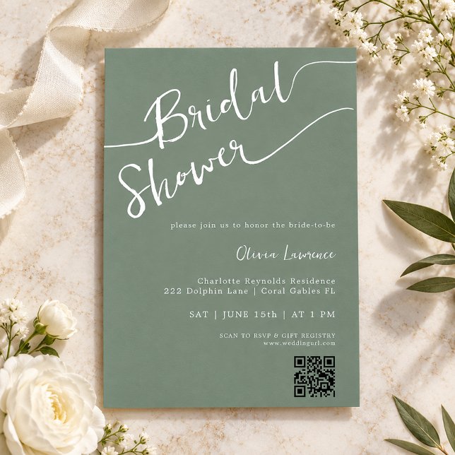 Sage Green Script QR Code Bridal Shower Invitation (Sage Green Script QR Code Bridal Shower)