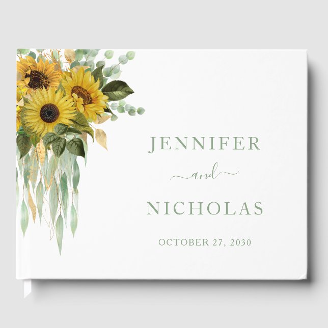 Sage Green Script Sunflower Eucalyptus Wedding Guest Book (Front)