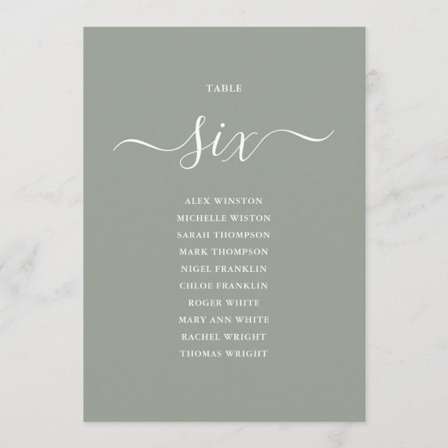 Sage Green Script Table Number 6 Seating Chart (Front)