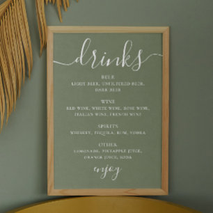 Sage green script wedding alcohol drinks bar menu poster