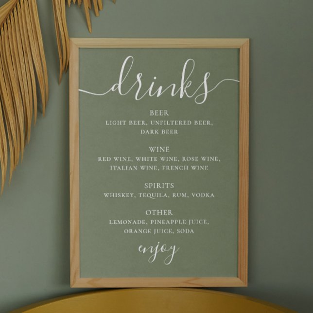 Sage green script wedding alcohol drinks bar menu poster (Creator Uploaded)