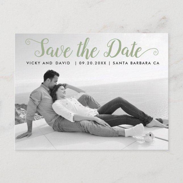 Sage green script wedding Save the Date photo Postcard (Front)