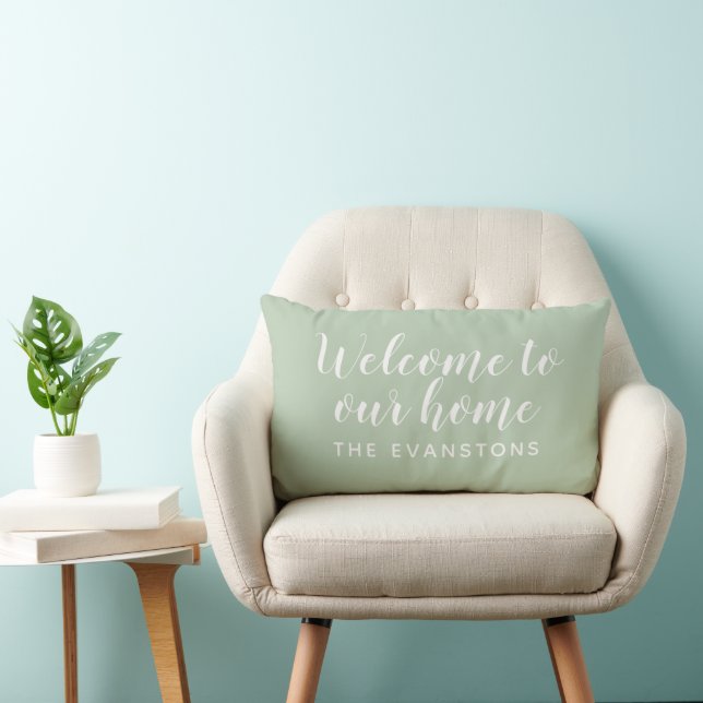 Sage Green Script Welcome to Our Home Lumbar Cushion (Chair)