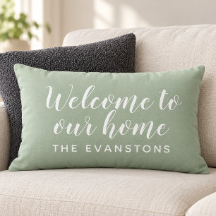 Sage Green Script Welcome to Our Home Lumbar Cushion