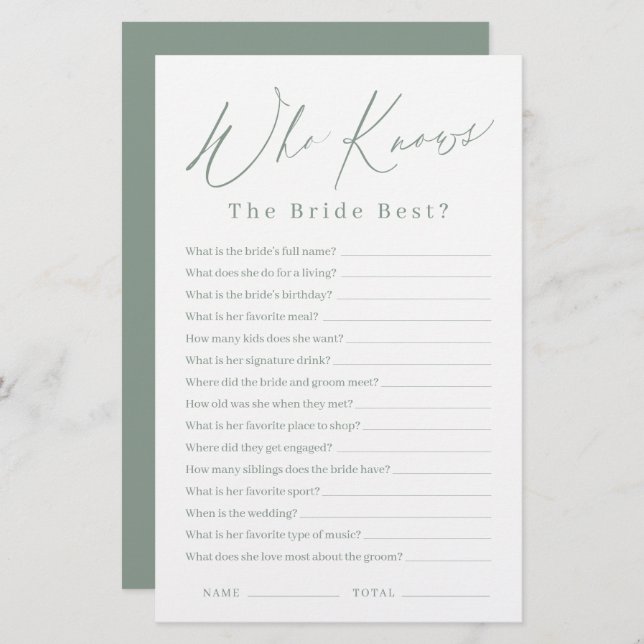 Sage green script who knows the bride best game (Front/Back)