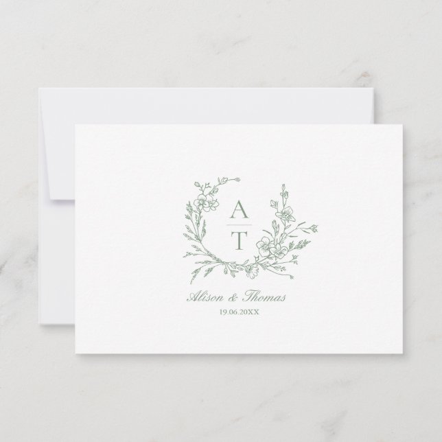 Sage Green Script Wildflower Monogram Details Card (Back)