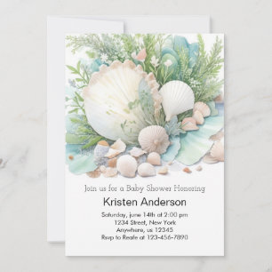 Sage Green Seashell Adventure Awaits Baby Shower Invitation