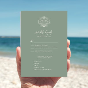 Sage Green Seashell Beach Destination Wedding RSVP Card