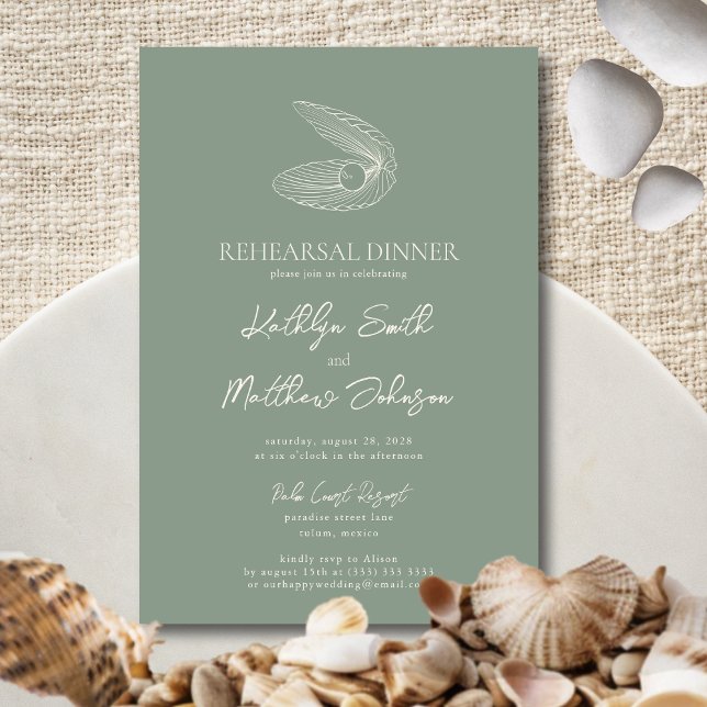 Sage Green Seashell Beach Ocean Rehearsal Dinner Invitation (Creator Uploaded)