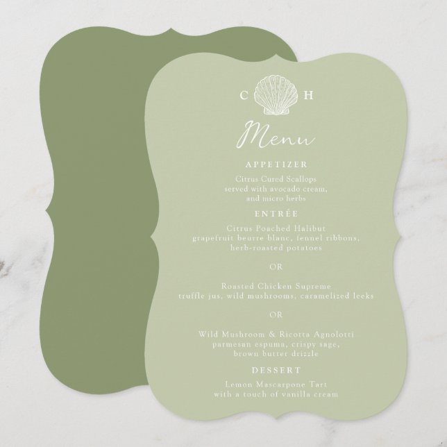 Sage Green Seashell Bracket Die-Cut Wedding Menu Invitation (Front/Back)