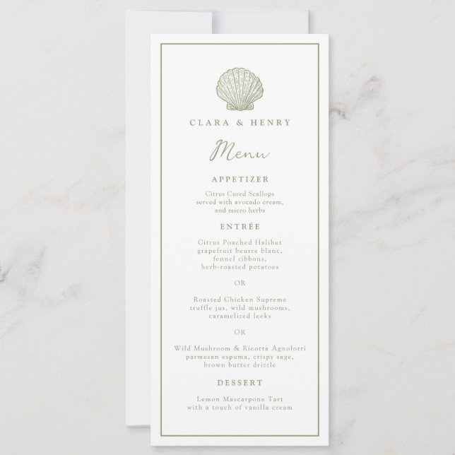 Sage Green Seashell Coastal Wedding Long Menu Card (Front)