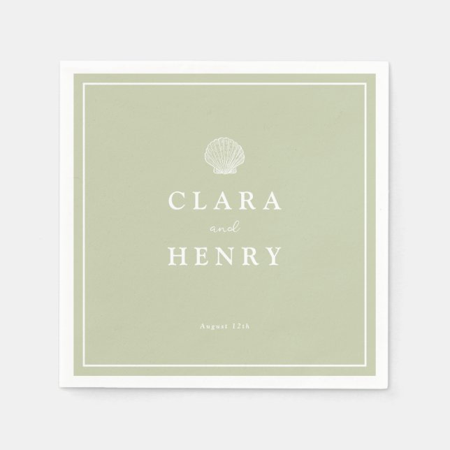 Sage Green Seashell Coastal Wedding Napkins (Front)