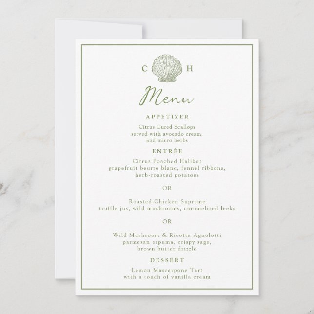 Sage Green Seashell Monogram Wedding Menu Card (Front)