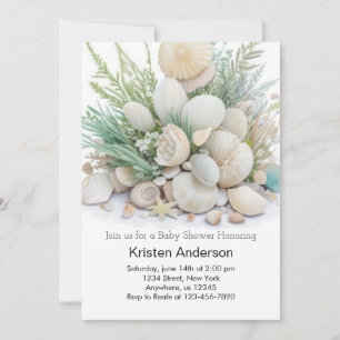 Sage Green Seashell Oasis Baby Shower Invitation