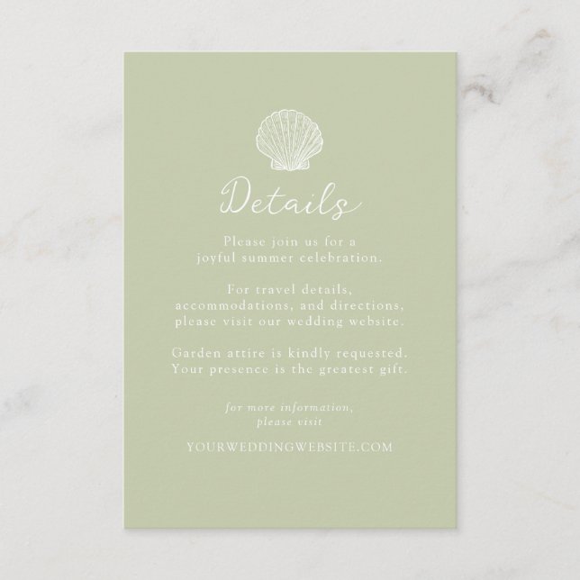 Sage Green Seashell Wedding Details Card (Front)
