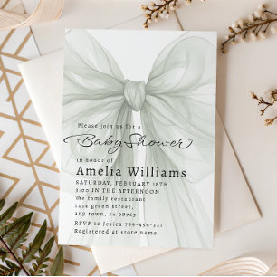Sage Green Sheer Bow Minimal Baby Shower Invitation