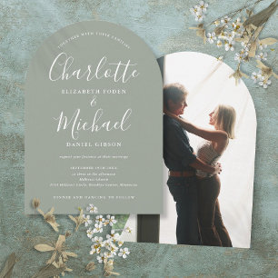 Sage Green Signature Script Photo Arch Wedding Invitation