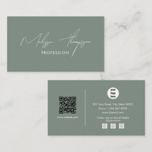 Sage Green Signature Script Professional QR Code Business Card