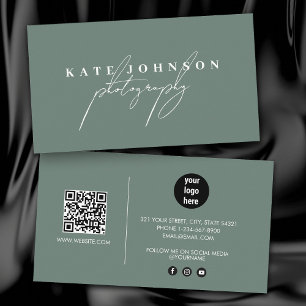Sage Green Signature Script QR Code Social Media Business Card