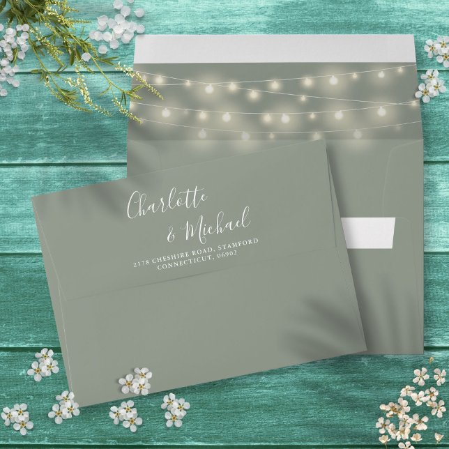 Sage Green Signature Script String Lights Wedding Envelope (Sage Green Signature Script String Lights Wedding Envelope)