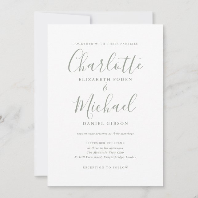 Sage Green Signature Script Wedding Invitation (Front)