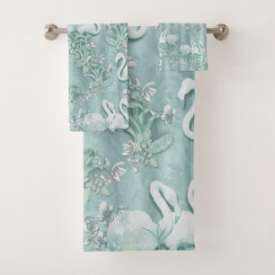 Sage green silk drapes & flamingos flowers bath towel set