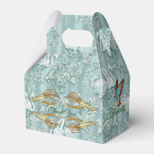 Sage green silk drapes & flamingos flowers favour box