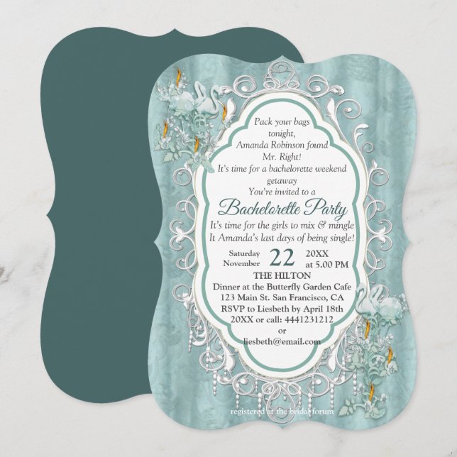 Sage green silk drapes & flamingos flowers invitation (Front/Back)