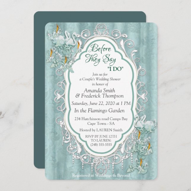 Sage green silk drapes & flamingos flowers invitation (Front/Back)
