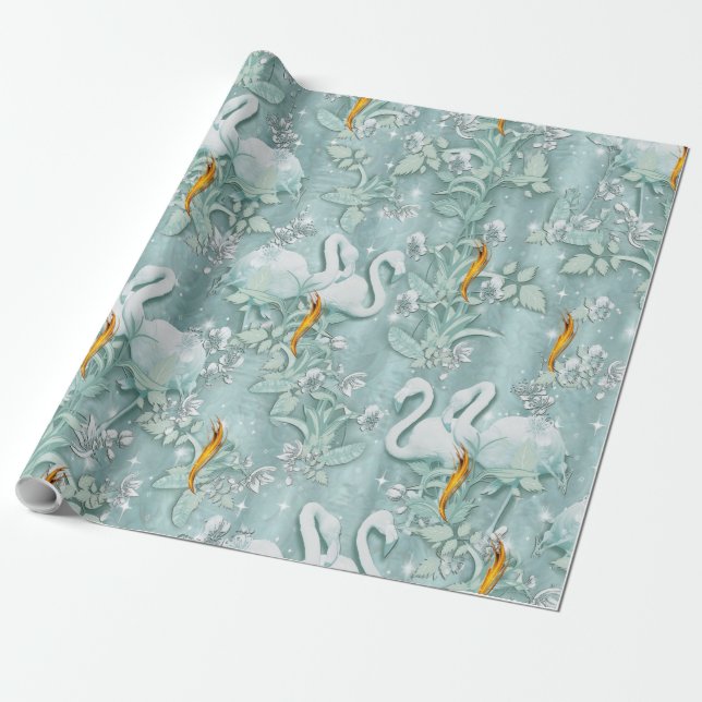 Sage green silk drapes & flamingos flowers wrapping paper (Unrolled)