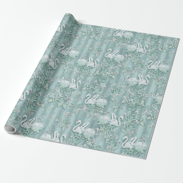 Sage Green Silk Drapes & Flamingos Flowers Wrapping Paper (Unrolled)