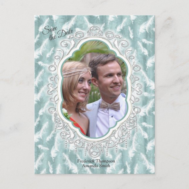 Sage Green silk & gold, white flamingo, sparkles Announcement Postcard (Front)