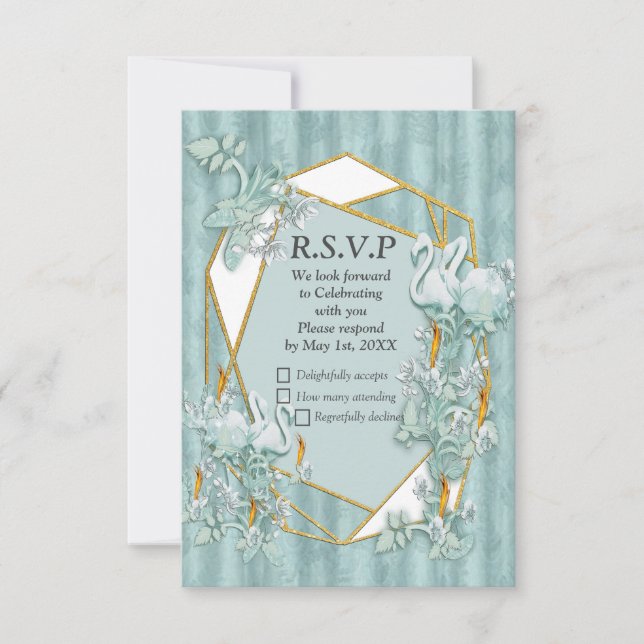 Sage Green silk & gold, white flamingo, sparkles RSVP Card (Front)