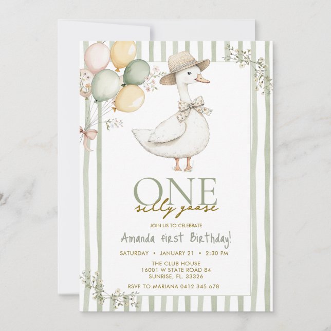  Sage Green Silly Goose 1st Birthday  Invitation (Front)