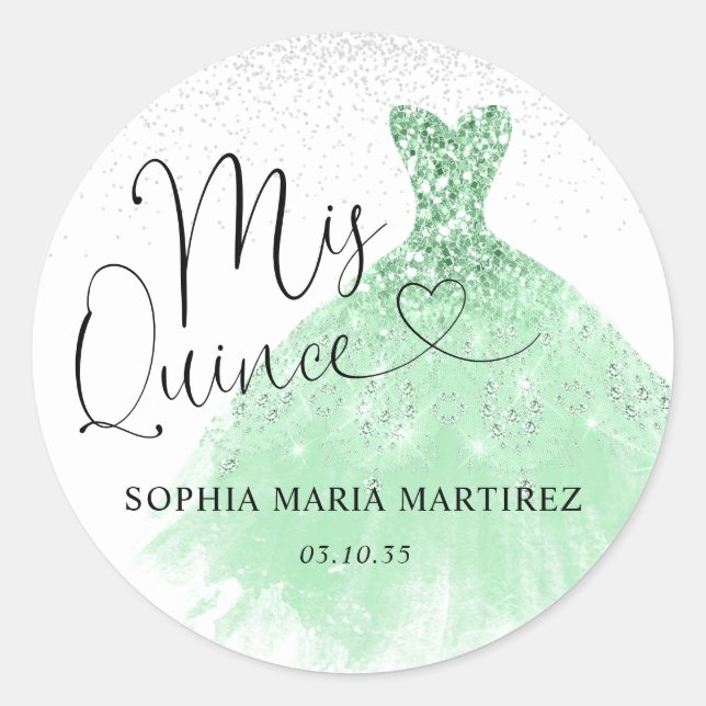 Sage Green Silver Dress Mis Quince Quinceañera Classic Round Sticker (Front)