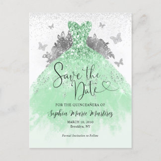 Sage Green Silver Dress Quinceañera Save the Date Postcard