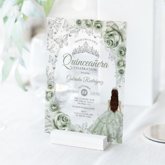 Sage Green Silver Floral Quinceanera Acrylic Invitations (Creator Uploaded)