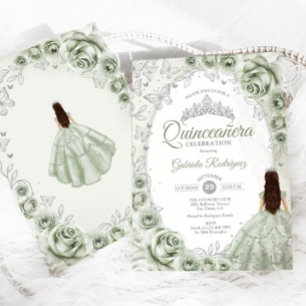 Sage Green Silver Floral Quinceanera Invitation